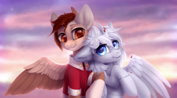 Size: 3890x2159 | Tagged: safe, artist:blooming-lynx, derpibooru import, oc, oc only, pegasus, pony, clothes, female, freckles, oc x oc, shipping