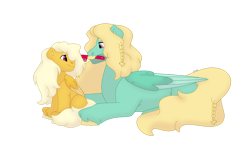 Size: 1280x732 | Tagged: safe, artist:itstechtock, derpibooru import, zephyr breeze, oc, oc:meadowlark, pony, brush, female, filly, hairbrush, lying down, prone, simple background, transparent background