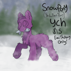 Size: 719x719 | Tagged: safe, artist:bluemoon, derpibooru import, earth pony, fish, pony, advertisement, animated, animated ych, blurry background, commission, generic pony, gif, mouth hold, smiling, snow, snowpony (species), solo, taiga pony, yakutian horse, ych example, your character here