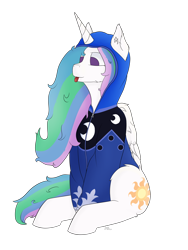 Size: 3000x4000 | Tagged: safe, artist:donnik, derpibooru import, princess celestia, alicorn, pony, clothes, hoodie, mlem, silly, simple background, sitting, solo, tongue, tongue out, transparent background