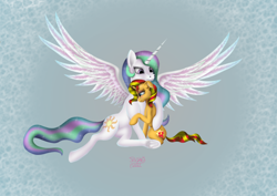 Size: 4960x3508 | Tagged: safe, artist:sstab29, derpibooru import, princess celestia, sunset shimmer, alicorn, pony, unicorn, crying, female, forgiveness, hug, reunion, sad, sunsad shimmer, the prodigal sunset