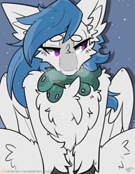 Size: 2550x3300 | Tagged: safe, artist:bbsartboutique, oc, oc only, oc:delta dart, fish, hippogriff, breath, fluffy, hippogriff oc, patreon link, patreon logo, patreon reward, snow, solo, suspicious, unshorn fetlocks, wings