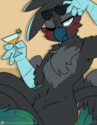 Size: 2550x3300 | Tagged: safe, artist:bbsartboutique, oc, oc only, oc:maximilian kohler, griffon, disguised changeling, drink, leonine tail, looking at you, olive, one eye closed, patreon link, patreon logo, patreon reward, solo, sunglasses, talons, wink, winking at you