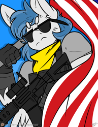 Size: 2550x3300 | Tagged: safe, artist:bbsartboutique, oc, oc only, oc:delta dart, hippogriff, american flag, ar-15, gun, hippogriff oc, patreon link, patreon logo, patreon reward, rifle, scarf, scope, solo, sunglasses, talons, weapon