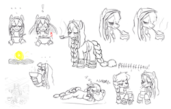 Size: 1700x1080 | Tagged: safe, artist:anonymous, artist:kabayo, artist:snspony, derpibooru import, oc, oc only, oc:baba hooves, pony, :p, bowl, braid, braided tail, cup, elderly, female, hoof hold, mare, pillow, pipe, raspberry, sketch, sketch dump, sleeping, snoring, snowpony (species), sun, taiga pony, tail, tongue, tongue out, yakutian horse