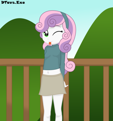 Size: 5598x6000 | Tagged: safe, artist:dtavs.exe, sweetie belle, equestria girls, child, clothes, looking at you, mountain, one eye closed, skirt, solo, sweater, tongue, tongue out, wink, winking at you