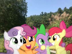 Size: 1032x774 | Tagged: safe, edit, editor:undeadponysoldier, photographer:undeadponysoldier, apple bloom, scootaloo, spike, sweetie belle, dragon, earth pony, pegasus, pony, unicorn, adorable face, adorabloom, applelove, bow, cute, cutealoo, cutie mark crusaders, daaaaaaaaaaaw, diasweetes, dragons in real life, female, filly, grin, group hug, group photo, hair bow, happy, hiking, male, mountain, nature, photo, ponies in real life, scootalove, spikabetes, spikelove, sweetielove, they grow up so fast, tree, wilderness