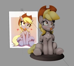 Size: 885x790 | Tagged: safe, artist:pabbley, artist:v747, derpy hooves, pegasus, pony, 3d, 3d model, :p, accessory theft, applejack's hat, blender, chest fluff, clothes, cowboy hat, cute, derpabetes, female, floating heart, folded wings, gray background, hat, heart, mare, reference, silly, simple background, sitting, smiling, solo, tongue, tongue out, underhoof
