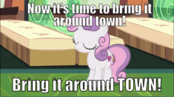 Size: 960x539 | Tagged: safe, edit, edited screencap, editor:undeadponysoldier, screencap, sweetie belle, pony, unicorn, growing up is hard to do, animated, animated gif, bubblestand, butt shake, cute, dancing, diasweetes, eyes closed, female, filly, gif, image macro, meme, ponyville express, seat, solo, spongebob reference, spongebob squarepants, text, the cmc's cutie marks, train