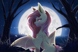 Size: 3084x2048 | Tagged: safe, artist:maybeweed, derpibooru import, fluttershy, bat pony, pony, bat ponified, fangs, flutterbat, full moon, grin, moon, race swap, smiling, species swap