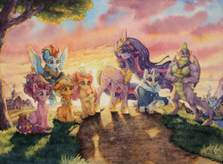 Size: 3966x2922 | Tagged: safe, artist:the-wizard-of-art, derpibooru exclusive, derpibooru import, applejack, fluttershy, pinkie pie, princess twilight 2.0, rainbow dash, rarity, spike, twilight sparkle, twilight sparkle (alicorn), alicorn, dragon, pegasus, pony, unicorn, the last problem, alternate hairstyle, backlighting, beautiful, bittersweet, cheek fluff, chest fluff, clothes, cloud, cloudy, commission, crown, dirt path, ear fluff, ears, female, floppy ears, folded wings, gigachad spike, grass, high res, jacket, jewelry, lighting, mane seven, mane six, mare, muscles, neckerchief, older, older applejack, older fluttershy, older mane seven, older mane six, older pinkie pie, older rainbow dash, older rarity, older spike, older twilight, outdoors, raised hoof, raised leg, regalia, sitting, sky, smiling, spread wings, sunset, sweet apple acres barn, teary eyes, the end, traditional art, tree, twilight's castle, unshorn fetlocks, watercolor painting, winged spike, wings