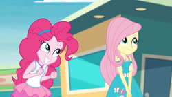 Size: 3410x1920 | Tagged: safe, derpibooru import, screencap, fluttershy, pinkie pie, better together, equestria girls, rollercoaster of friendship, clothes, cutie mark, cutie mark on clothes, female, geode of fauna, geode of sugar bombs, grin, high res, jewelry, magical geodes, necklace, smiling, tanktop