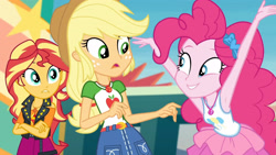 Size: 3410x1920 | Tagged: safe, derpibooru import, screencap, applejack, pinkie pie, sunset shimmer, better together, equestria girls, rollercoaster of friendship, applejack's hat, armpits, belt, clothes, cowboy hat, crossed arms, cutie mark, cutie mark on clothes, denim skirt, female, geode of empathy, geode of sugar bombs, geode of super strength, hat, high res, jacket, jewelry, leather, leather jacket, magical geodes, necklace, open mouth, skirt, smiling, tanktop