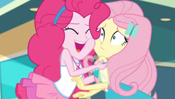 Size: 3410x1920 | Tagged: safe, derpibooru import, screencap, fluttershy, pinkie pie, better together, equestria girls, rollercoaster of friendship, clothes, cutie mark, cutie mark on clothes, eyes closed, female, geode of fauna, geode of sugar bombs, hairpin, high res, jewelry, magical geodes, necklace, open mouth, tanktop