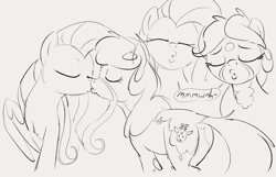 Size: 1128x727 | Tagged: safe, artist:dotkwa, derpibooru import, fluttershy, oc, oc:deary dots, earth pony, pegasus, pony, canon x oc, eyes closed, female, grayscale, kissing, kissy face, lesbian, mare, monochrome, shipping, simple background, white background