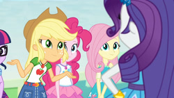 Size: 3410x1920 | Tagged: safe, derpibooru import, screencap, applejack, fluttershy, pinkie pie, rarity, sci-twi, twilight sparkle, better together, equestria girls, rollercoaster of friendship, applejack's hat, bracelet, clothes, cowboy hat, female, geode of sugar bombs, geode of super strength, hat, high res, jewelry, magical geodes, offscreen character, rarity peplum dress, smiling, tanktop