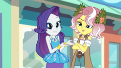 Size: 3410x1920 | Tagged: safe, derpibooru import, screencap, rarity, vignette valencia, better together, equestria girls, rollercoaster of friendship, bracelet, clothes, crossed arms, cutie mark, cutie mark on clothes, female, geode of shielding, high res, jewelry, magical geodes, rarity peplum dress, smiling