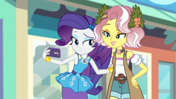 Size: 3410x1920 | Tagged: safe, derpibooru import, screencap, rarity, vignette valencia, better together, equestria girls, rollercoaster of friendship, bracelet, cellphone, clothes, cutie mark, cutie mark on clothes, female, geode of shielding, high res, jewelry, magical geodes, phone, rarity peplum dress, smartphone, smiling