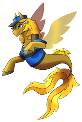 Size: 1075x1595 | Tagged: safe, artist:eternity9, derpibooru import, oc, oc only, pegasus, seapony (g4), blue eyes, chest fluff, clothes, dorsal fin, fin wings, fins, fish tail, flowing tail, hat, male, seaponified, simple background, smiling, solo, species swap, stallion, tail, transparent background, unshorn fetlocks, wings, yellow mane