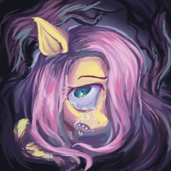 Size: 1920x1920 | Tagged: safe, artist:melonmilk, derpibooru import, fluttershy, pegasus, pony, bust, crying, dead tree, digital painting, female, gritted teeth, hair over one eye, looking at you, mare, painting, shrunken pupils, solo, tears of sadness, teary eyes, tree, wings