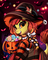 Size: 2550x3209 | Tagged: safe, artist:pridark, derpibooru import, oc, oc only, pony, clothes, commission, hat, not apple bloom, pumpkin bucket, socks, solo, striped socks, witch hat, ych result