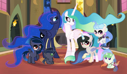 Size: 1024x599 | Tagged: safe, artist:velveagicsentryyt, derpibooru import, princess celestia, princess luna, oc, oc:asterism, oc:flosun pollen, oc:midnight moon (velvetsentryyt), oc:moonlight sonata, oc:mysterilestia, changepony, hybrid, interspecies offspring, offspring, parent:discord, parent:king sombra, parent:princess celestia, parent:princess luna, parent:thorax, parents:dislestia, parents:lumbra, parents:thoralestia