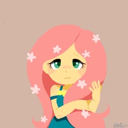 Size: 2043x2043 | Tagged: safe, artist:efuji_d, derpibooru import, fluttershy, equestria girls, blushing, brown background, clothes, cute, dress, female, flower, flower in hair, lineless, looking at you, shyabetes, simple background, solo