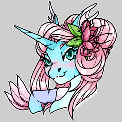 Size: 1750x1750 | Tagged: safe, artist:turianofhyrule, derpibooru import, oc, oc only, seapony (g4), unicorn, blue eyes, blushing, bust, commission, cute, eyelashes, female, flower, flowing mane, gray background, horn, leaf, nostrils, pink mane, seaponified, signature, simple background, smiling, solo, species swap