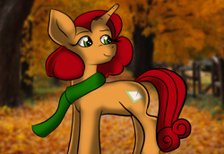 Size: 1100x758 | Tagged: safe, artist:tranzmuteproductions, derpibooru import, oc, oc:keyframe, pony, unicorn, clothes, eyelashes, female, horn, looking back, mare, outdoors, scarf, smiling, solo, tree, unicorn oc