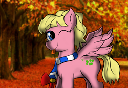 Size: 1100x758 | Tagged: safe, artist:tranzmuteproductions, derpibooru import, oc, oc:sweetie bloom, pegasus, pony, :p, clothes, eyelashes, female, mare, outdoors, pegasus oc, scarf, solo, tongue, tongue out, tree, wings