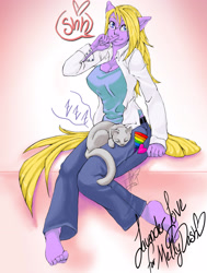 Size: 2127x2820 | Tagged: safe, artist:ladyfitz, derpibooru import, oc, anthro, cat, earth pony, plantigrade anthro, clothes, earth pony oc, female, glasses, human facial structure, pants, shhh, signature, sitting, sleeping, smiling