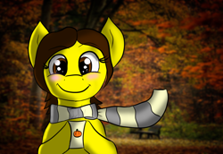 Size: 1100x758 | Tagged: safe, artist:tranzmuteproductions, derpibooru import, oc, oc only, earth pony, pony, bust, clothes, earth pony oc, female, mare, mug, outdoors, scarf, solo, tree