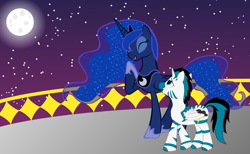 Size: 1298x800 | Tagged: safe, artist:zombietator, derpibooru import, princess luna, oc, alicorn, pony, zebra, zebracorn, alicorn oc, ethereal mane, eyes closed, female, full moon, hoof shoes, horn, male, mare, moon, night, outdoors, smiling, stallion, starry mane, stars, wings, zebra oc