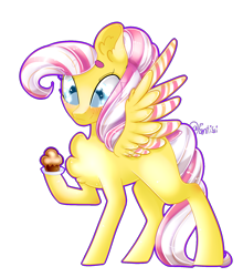 Size: 1532x1741 | Tagged: safe, artist:fantisai, derpibooru import, oc, oc only, pegasus, pony, blushing, cupcake, food, pegasus oc, raised hoof, raised leg, signature, simple background, solo, transparent background, wings