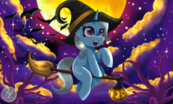 Size: 2000x1200 | Tagged: safe, artist:julie25609, derpibooru import, trixie, pony, unicorn, luna eclipsed, broom, cloud, cute, cutie mark, diatrixes, eyelashes, female, flying, flying broomstick, hat, horn, mare, moon, nightmare night, solo, stars, tail, witch hat