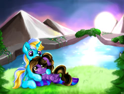 Size: 1280x970 | Tagged: safe, artist:appleneedle, derpibooru import, oc, alicorn, pegasus, pony, art, character, commission, digital, draw, drawing, family, fanart, hill, love, nature, paint, painting, river, scenery, siblings, sun, tree