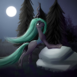 Size: 2000x2000 | Tagged: safe, artist:twobestfriendsstudio, derpibooru import, queen chrysalis, changeling, pony, female, forest, moon, night, rock, solo, tree