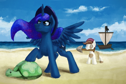 Size: 1600x1068 | Tagged: safe, artist:sa1ntmax, derpibooru import, pipsqueak, princess luna, tank, alicorn, earth pony, pony, beach, boat, colt, female, hat, male, pirate, shovel