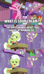 Size: 800x1350 | Tagged: safe, derpibooru import, edit, edited screencap, screencap, cranky doodle donkey, granny smith, pinkie pie, spike, sunburst, twilight sparkle, a trivial pursuit, caption, image macro, jellystone, text