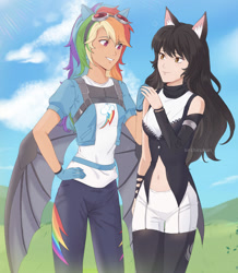 Size: 1024x1176 | Tagged: safe, artist:seshirukun, derpibooru import, rainbow dash, cat, human, fanfic:sapr, better together, equestria girls, anime, artificial wings, augmented, blake belladonna, catgirl, crossover, faunus, female, grin, humanized, rwby, smiling, wings