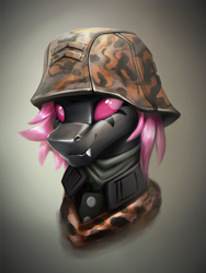 Size: 1500x2000 | Tagged: safe, artist:richmay, derpibooru import, oc, changeling, equestria at war mod, bust, camouflage, changeling oc, clothes, coat markings, female, german, helmet, military, military uniform, pink changeling, solo, uniform, war, world war ii
