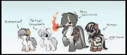 Size: 3319x1437 | Tagged: safe, artist:anonymous, oc, oc only, oc:crackling fire, oc:frostbite, oc:niveous, oc:snowfall, pony, /mlp/, blizzard rescue team, boots, chest fluff, coat markings, earmuffs, eyes closed, female, filly, fluffy, gradient background, hoof fluff, looking at you, mare, pale belly, saddle bag, snowball, snowpony (species), socks (coat marking), taiga pony, teacup, torch