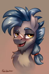 Size: 2000x3000 | Tagged: safe, artist:jedayskayvoker, derpibooru import, oc, oc:shrapnel (gearslavehorse), bust, eyebrow wiggle, eyebrows, facial hair, facial markings, goatee, icon, male, ponytail, portrait, scar, solo, stallion