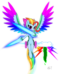 Size: 1959x2437 | Tagged: safe, alternate version, artist:questionmarkdragon, derpibooru import, oc, oc only, oc:rainbow drift, pegasus, pony, energy sword, female, flying, offspring, parent:oc, parent:rainbow dash, simple background, solo, transparent background