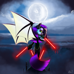 Size: 2483x2480 | Tagged: safe, alternate version, artist:questionmarkdragon, derpibooru import, oc, oc only, oc:blazing night, bat pony, pony, energy sword, female, full moon, lightsaber, moon, sith, solo, star wars, star wars visions, weapon