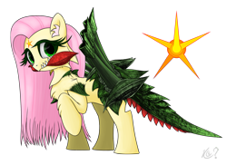 Size: 2015x1464 | Tagged: safe, alternate version, artist:questionmarkdragon, derpibooru import, oc, oc only, oc:flutterozoa, hybrid, female, offspring, parent:fluttershy, simple background, solo, transparent background