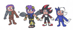 Size: 1280x529 | Tagged: safe, artist:spaton37, derpibooru import, trixie, human, clothes, cosplay, costume, crossover, dark pit, humanized, jetstream sam, jewelpet, luea, shadow the hedgehog, sonic the hedgehog (series), traditional art