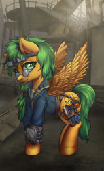 Size: 1191x1950 | Tagged: safe, artist:leastways, derpibooru import, oc, oc:atom smasher, pegasus, pony, fallout equestria, commission, complex background, glasses, gun, handgun, nerf gun, pipbuck, pistol, solo, weapon