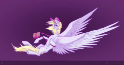 Size: 3000x1569 | Tagged: safe, artist:ajax, artist:ajaxorsomething, artist:willdrawhere, derpibooru import, derpy hooves, ditzy doo, pegasus, pony, flying, food, muffin, post ponies, solo