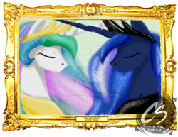 Size: 1024x792 | Tagged: safe, alternate version, artist:adhiguna, artist:johnathon-matthews, derpibooru import, princess celestia, princess luna, alicorn, alternate, deviantart watermark, digital painting, frame, obtrusive watermark, painting, picture frame, simple background, transparent background, watermark